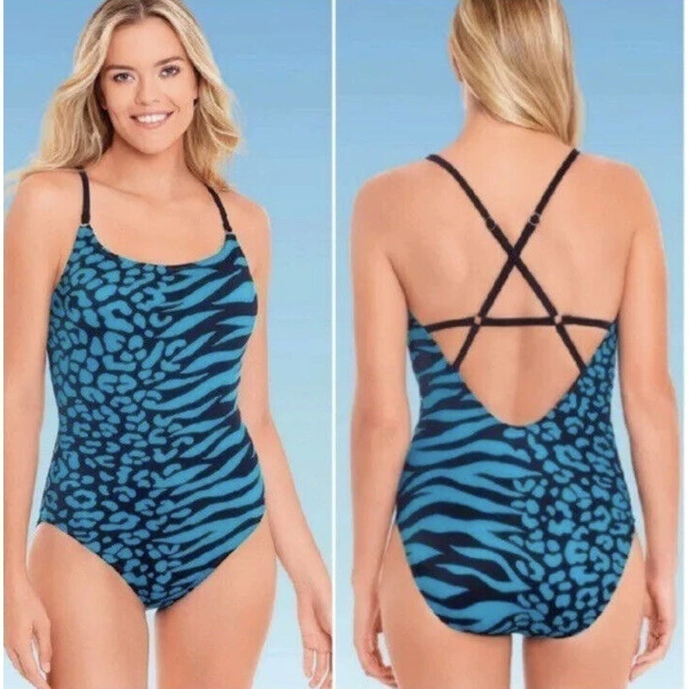 NEW Beach Betty Strappy Back One Piece Women's Swimsuit Sz Large in Teal Leopard